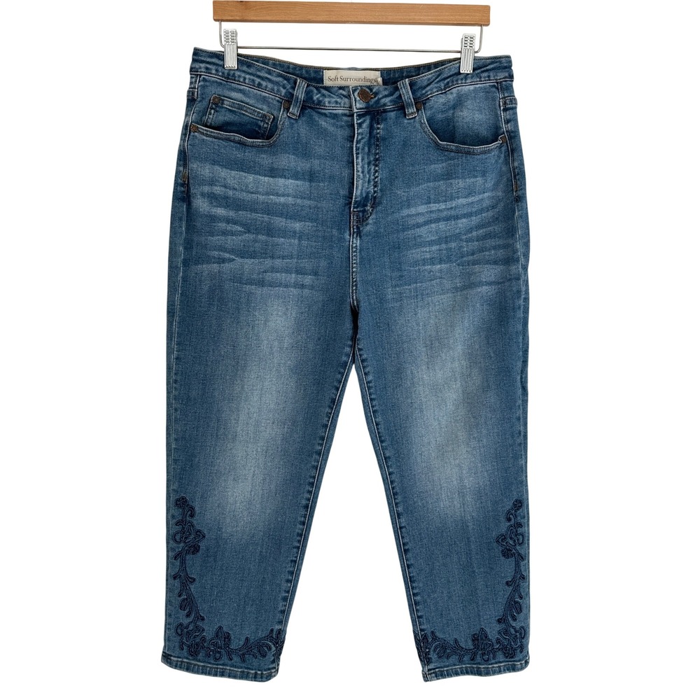 Soft Surroundings Embroidered Cropped Jeans Blue Denim High Rise Women 18 Petite